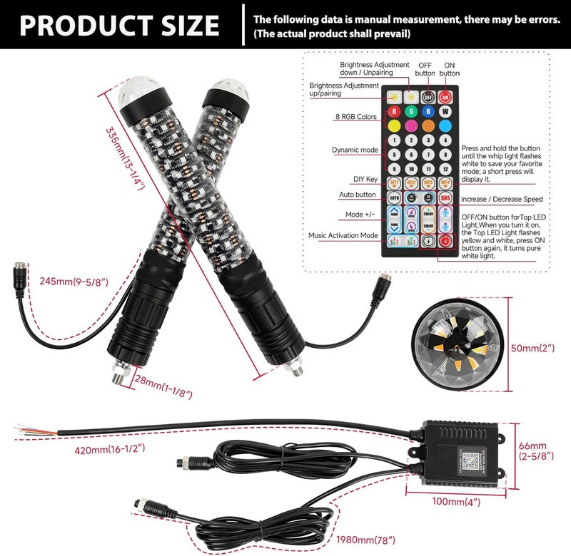 DEERMOTO 2PCS 1FT Fat Whip Light with Warning Light Spiral RGB LED Whip Lights with APP&Remote Control,Chasing Lighted Antenna Whips for UTV ATV Can-Am X3 RZR Can-Am Polaris Buggy Jeep Offroad (1ft) - Image 5